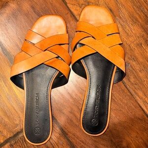 Tory Burch Cognac Leather Crisscross Slide Mules